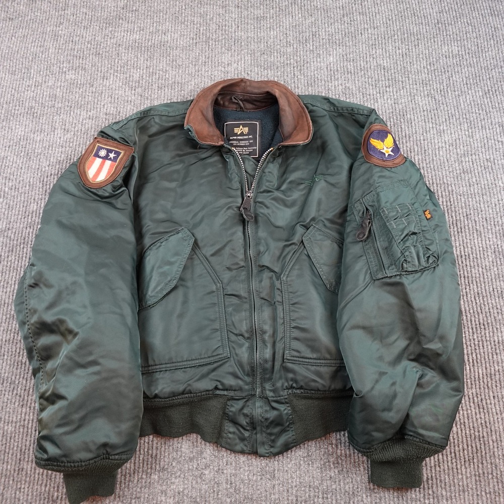 Vintage Alpha Industries Jacket Mens Large Green Flight Leather Collar USA